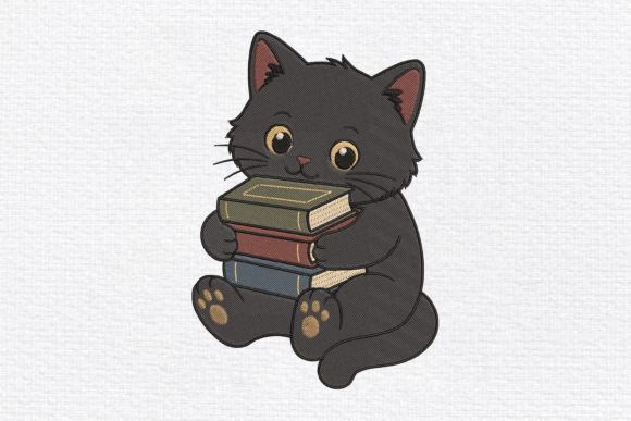 Download Black Cat Holding Books Embroidery - Premium Resources